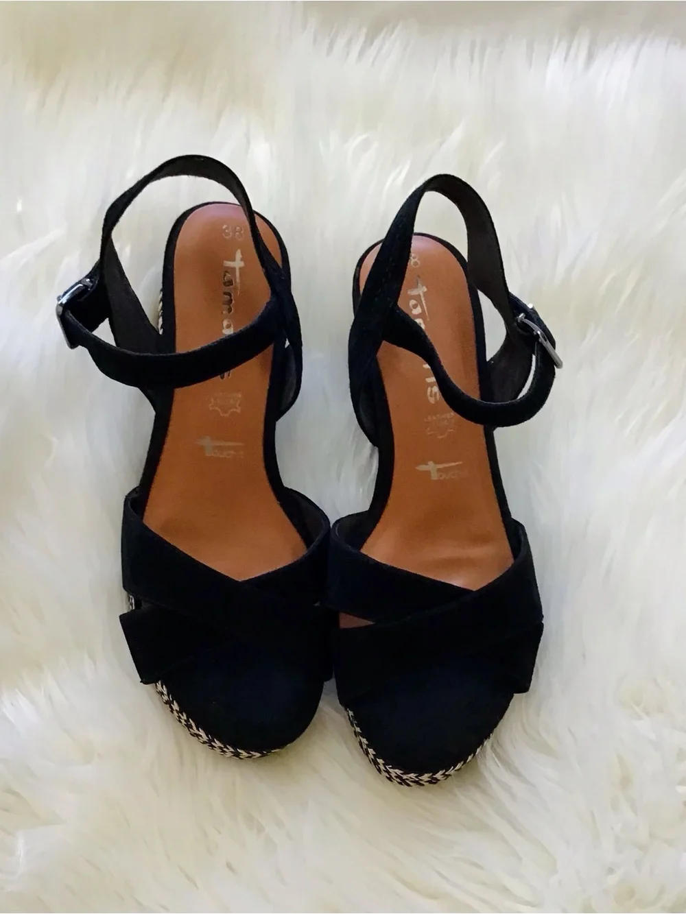Tamari’s Black Suede Cross-Strap Wedge Sandals